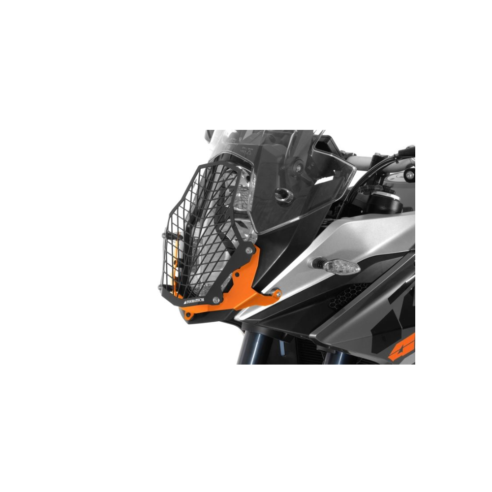 Protection de phare acier inoxydable noir/ orange pour KTM 1050/ 1090/ 1190 Adventure R/ 1290 S Adv *OFFROAD USE ONLY*