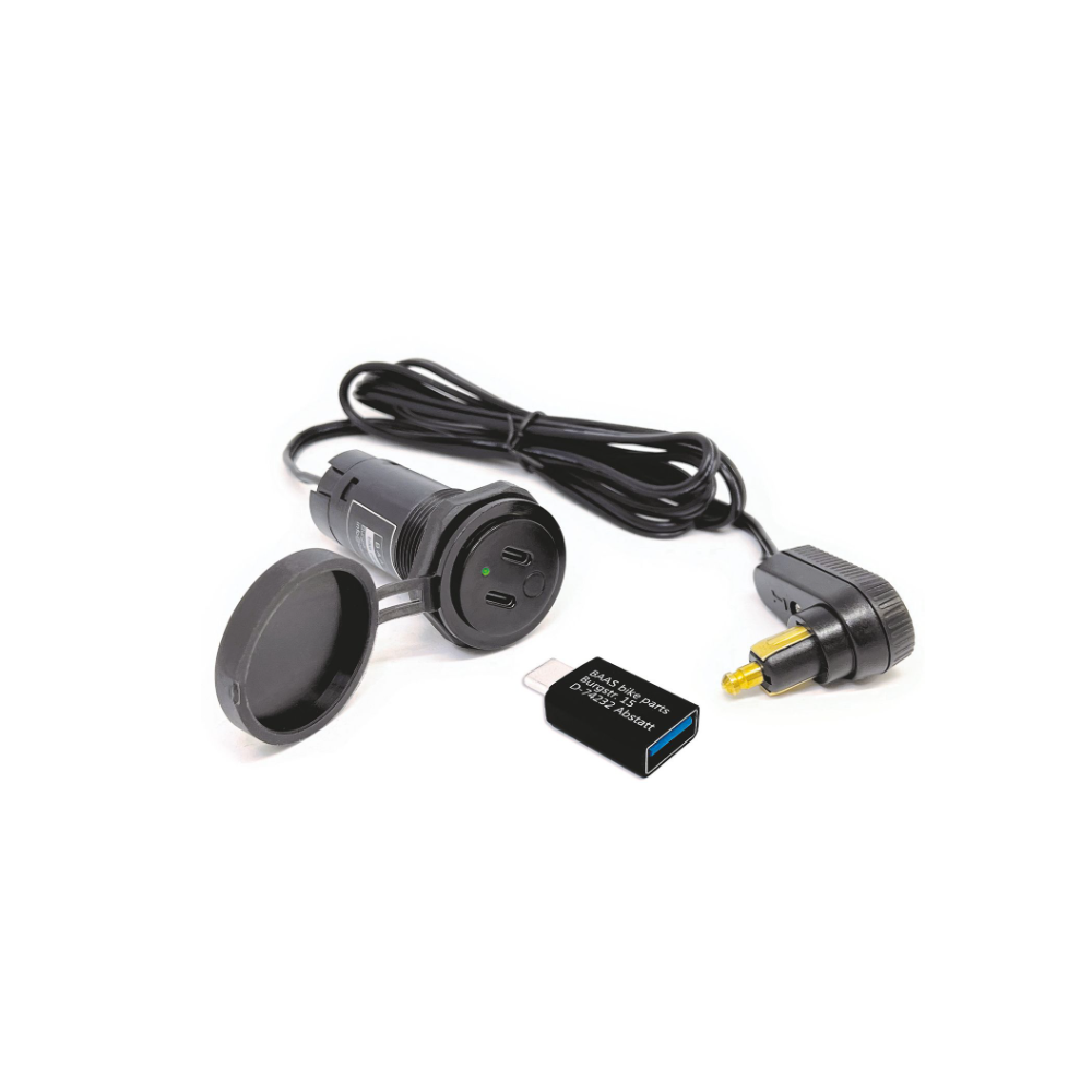 Câble USB pour sacoche de réservoir avec double chargeur (2 ports USB-C), adaptateur USB-A et connecteur coudé pour prise DIN
